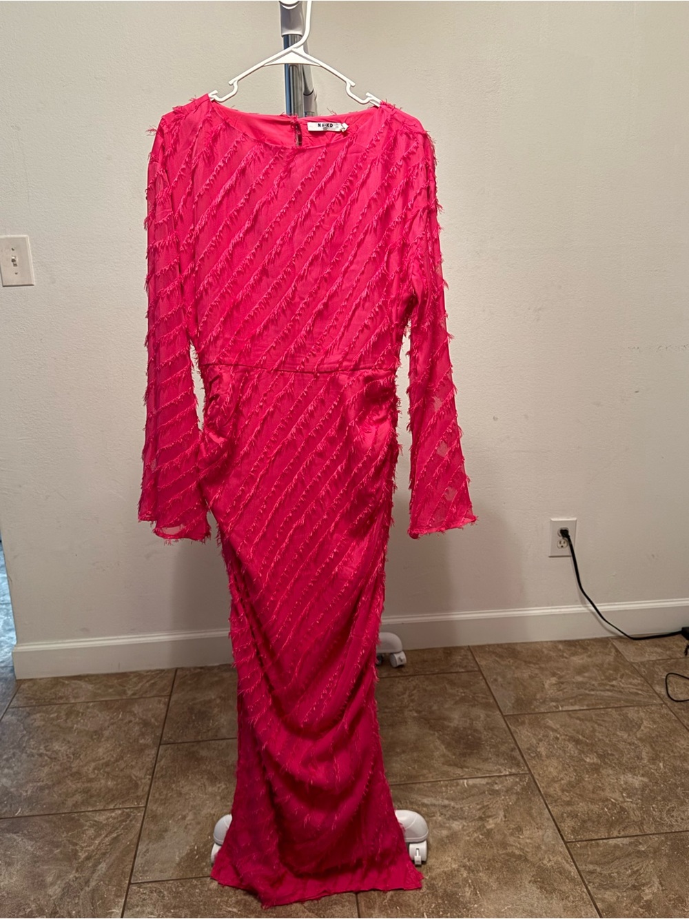 Textured Hot Pink Long Sleeve Maxi Dress